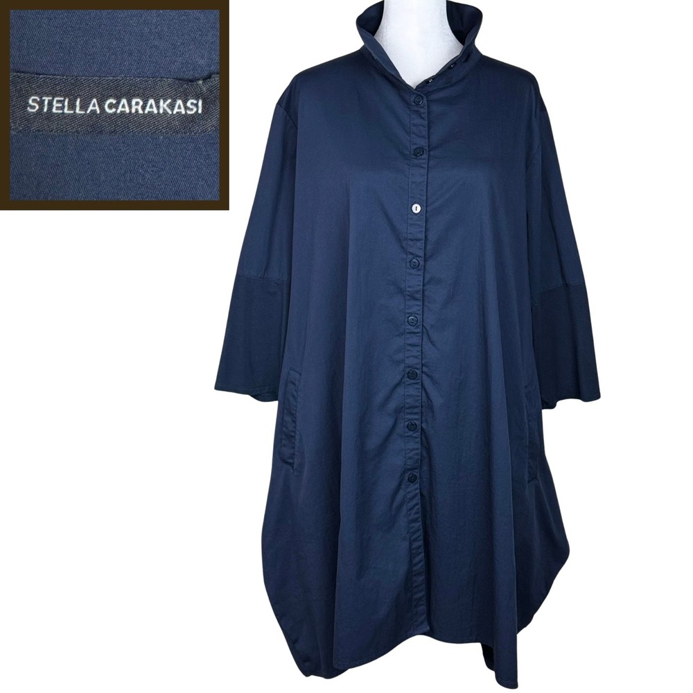 Stella Carakasi Tiburon Tunic Shirt Lagenlook Pleated Women XL Navy Mixed Media